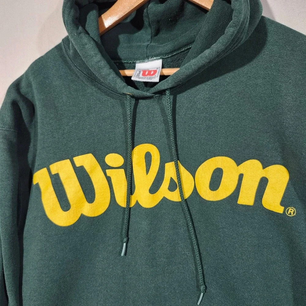 Wilson Vintage Mens Hoodie Medium Forest Green Yellow Logo Pullover Sweatshirt